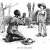 Hand drawn cartoon of Jim kneeling and begging Huck Finn. Captioned Jim and the Ghost.